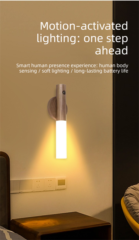Yellow Wood Grain Motion Sensor Night Light LED Rechargeable Magnetic Stick Wall Lamp Smart Wireless Batten for Hallway Staircase Natural Ash Style Warm White - Image 3