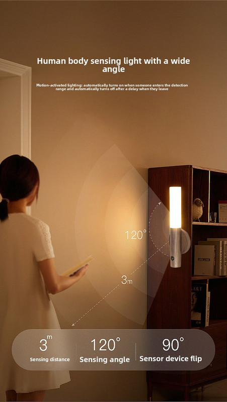 Yellow Wood Grain Motion Sensor Night Light LED Rechargeable Magnetic Stick Wall Lamp Smart Wireless Batten for Hallway Staircase Natural Ash Style Warm White - Image 4
