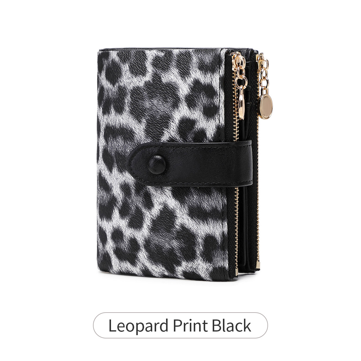 Ladies Compact Wallet Soft Vegan Leather Tri-Fold Purse Double Zipper Coin Pocket with Removable Card Holder High Capacity Multi Slots Leopard Print Black - Image 1