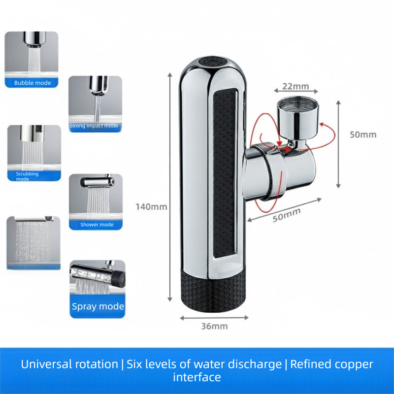 Universal Kitchen Tap Extender 6 Spray Modes with Waterfall Effect 360 Degree Swivel Faucet Aerator Head Anti-Splash Nozzle Attachment Brass Interface for Sink Washing Up - Image 1