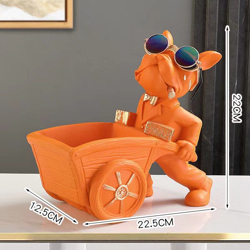 French Bulldog Pushing Wheelbarrow Storage Figurine Resin Statue Key Bowl Candy Dish Entryway Organiser Home Decor Gift Orange - Image 1