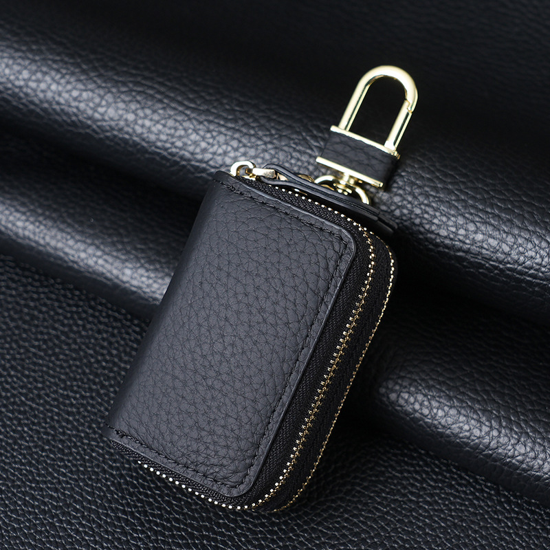 Genuine Leather Car Key Case Double Zipper Smart Key Fob Holder Wallet Remote Organiser Pouch with Hook Black - Image 1