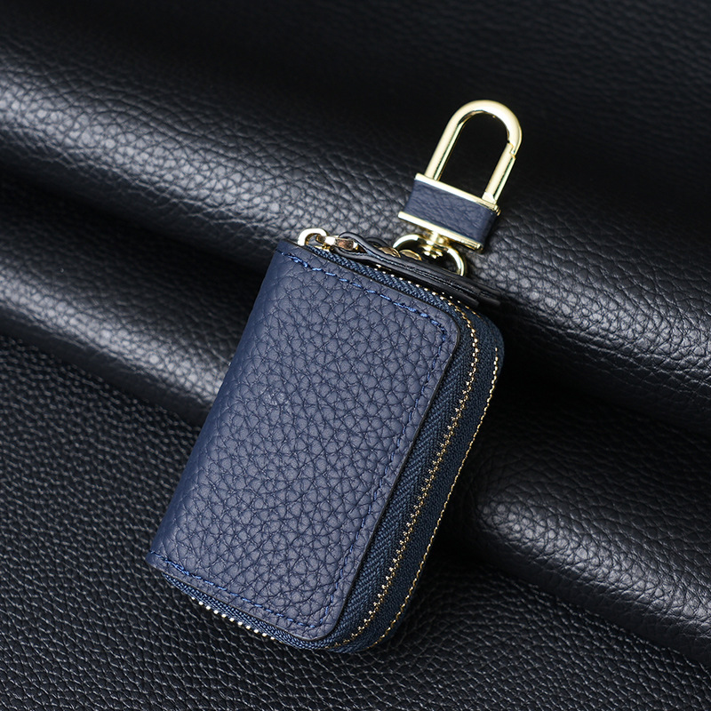 Genuine Leather Car Key Case Double Zipper Smart Key Fob Holder Wallet Remote Organiser Pouch with Hook Dark Blue - Image 1