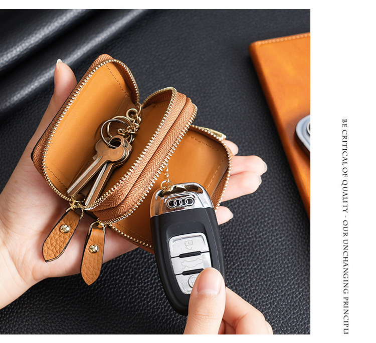 Genuine Leather Car Key Case Double Zipper Smart Key Fob Holder Wallet Remote Organiser Pouch with Hook Dark Blue - Image 2