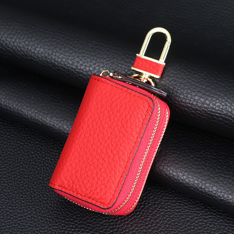 Genuine Leather Car Key Case Double Zipper Smart Key Fob Holder Wallet Remote Organiser Pouch with Hook Red - Image 1