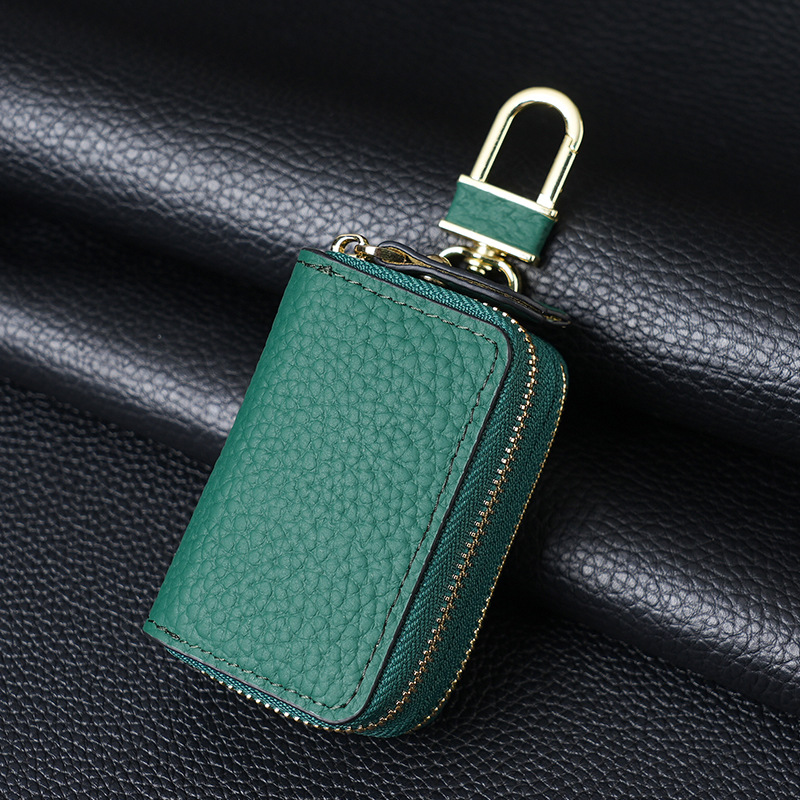 Genuine Leather Car Key Case Double Zipper Smart Key Fob Holder Wallet Remote Organiser Pouch with Hook Dark Green - Image 1