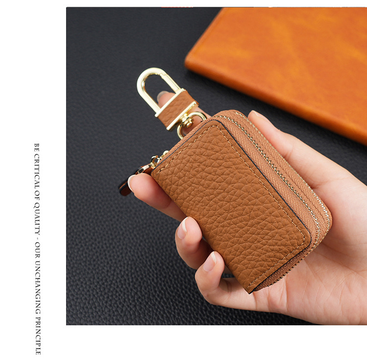 Genuine Leather Car Key Case Double Zipper Smart Key Fob Holder Wallet Remote Organiser Pouch with Hook Dark Green - Image 3
