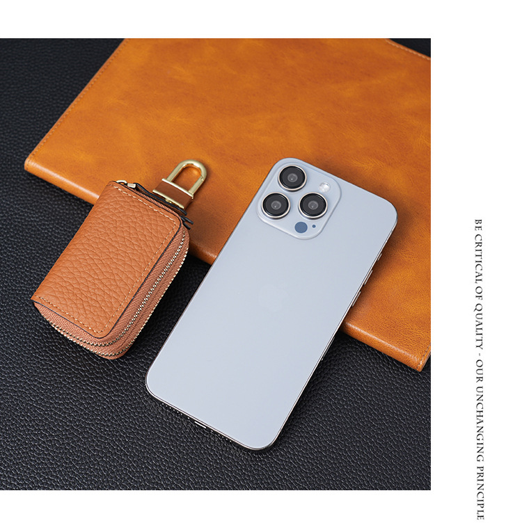 Genuine Leather Car Key Case Double Zipper Smart Key Fob Holder Wallet Remote Organiser Pouch with Hook Dark Green - Image 4