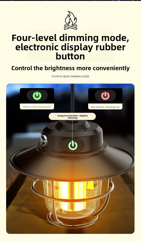 Retro LED Camping Lantern Rechargeable Pinecone Light Dimmable 4 Modes IPX4 Waterproof Hanging Tent Lamp for Outdoor Hiking Fishing Khaki - Image 3