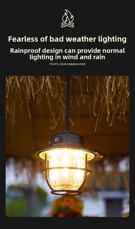 Retro LED Camping Lantern Rechargeable Pinecone Light Dimmable 4 Modes IPX4 Waterproof Hanging Tent Lamp for Outdoor Hiking Fishing Khaki - Image 4