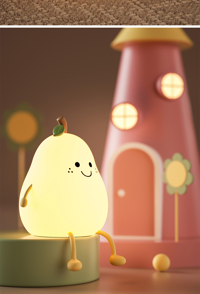 Cute Pear Night Light Squishy Silicone Nursery Lamp Rechargeable LED Bedside Light with Timer 7 Colour Changing Tap Control for Kids Baby Bedroom Gift - Image 1