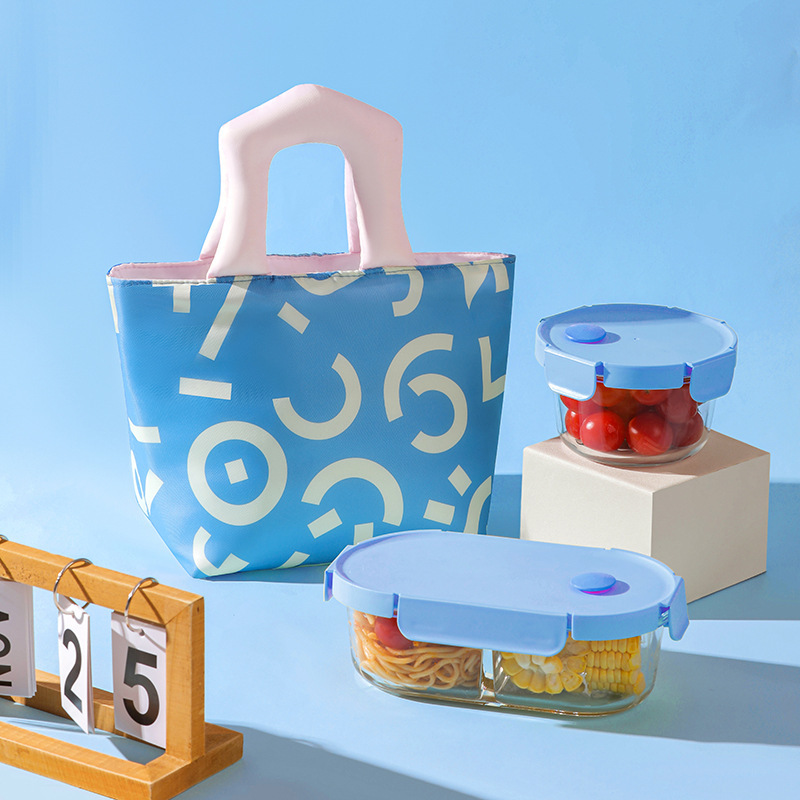 Insulated Lunch Bag Tote Fashion Graffiti Print with Soft Padded Handle Waterproof Thermal Cooler Bento Case for Work School and Picnics Blue with Pink Handle - Image 1