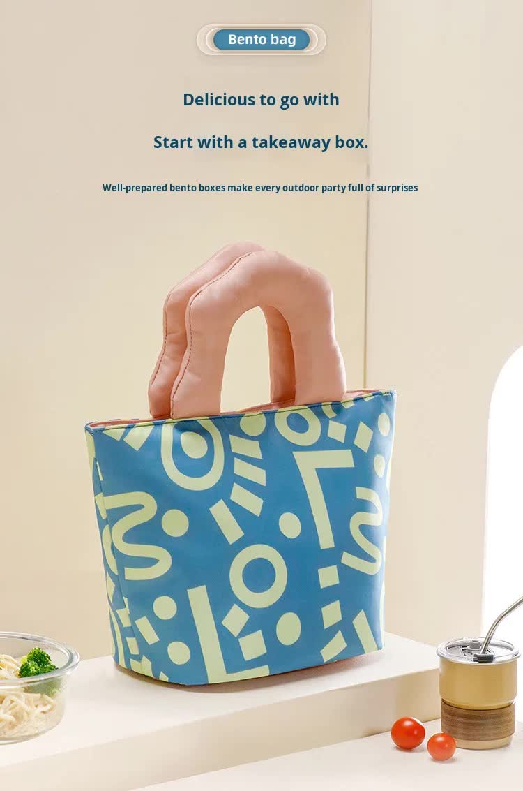 Insulated Lunch Bag Tote Fashion Graffiti Print with Soft Padded Handle Waterproof Thermal Cooler Bento Case for Work School and Picnics Blue with Pink Handle - Image 2