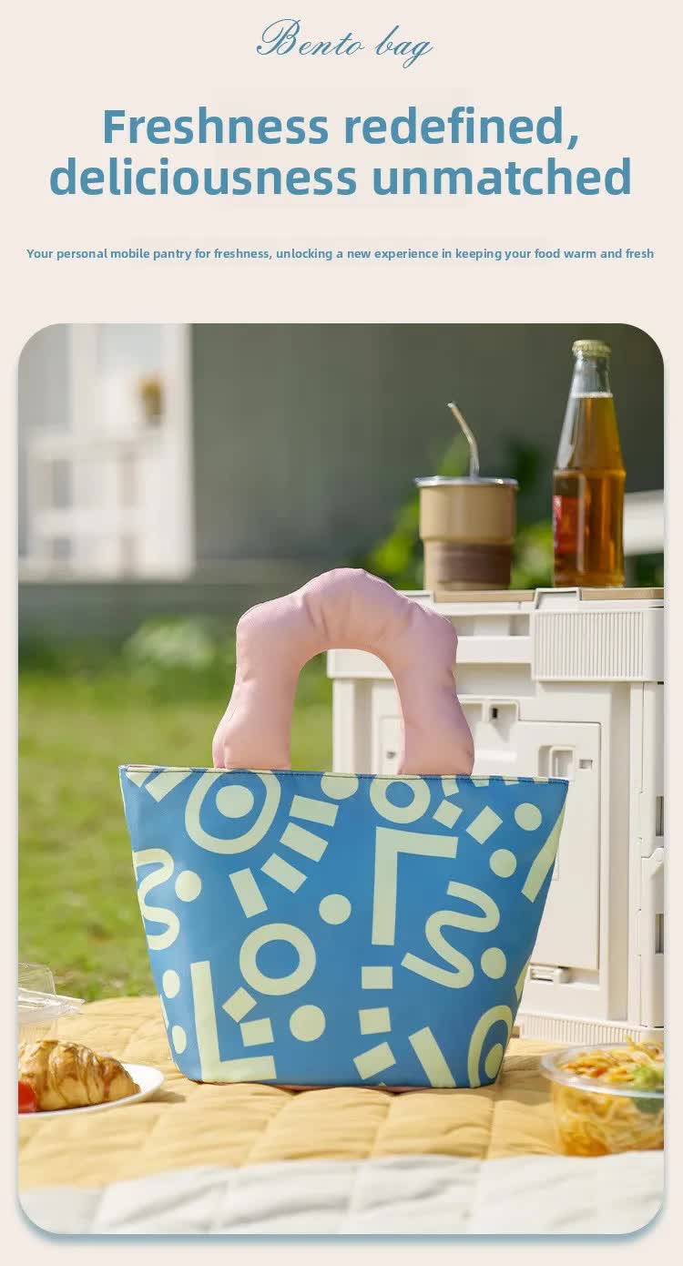 Insulated Lunch Bag Tote Fashion Graffiti Print with Soft Padded Handle Waterproof Thermal Cooler Bento Case for Work School and Picnics Blue with Pink Handle - Image 3
