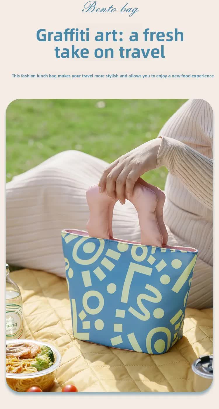 Insulated Lunch Bag Tote Fashion Graffiti Print with Soft Padded Handle Waterproof Thermal Cooler Bento Case for Work School and Picnics Blue with Pink Handle - Image 4