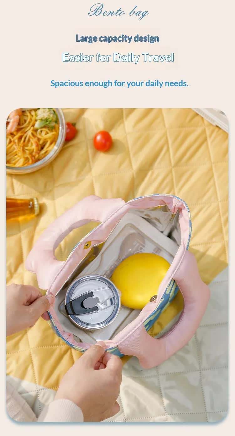 Insulated Lunch Bag Tote Fashion Graffiti Print with Soft Padded Handle Waterproof Thermal Cooler Bento Case for Work School and Picnics Blue with Pink Handle - Image 5