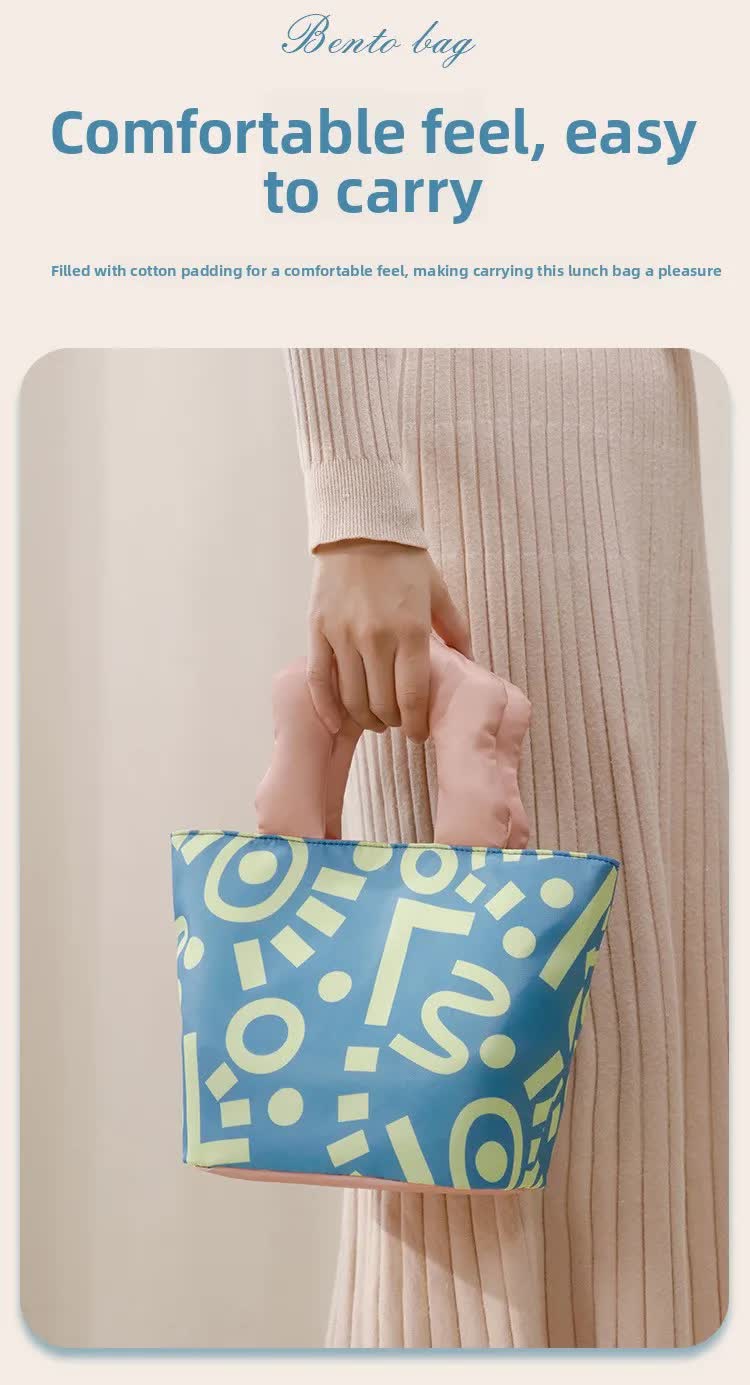 Insulated Lunch Bag Tote Fashion Graffiti Print with Soft Padded Handle Waterproof Thermal Cooler Bento Case for Work School and Picnics Blue with Pink Handle - Image 6