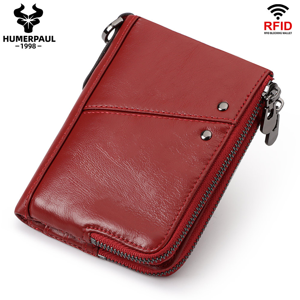 Genuine Leather Mens Wallet Double Zipper - RFID Blocking Bifold Card Holder with Coin Pocket - Red Gift for Him - Image 1