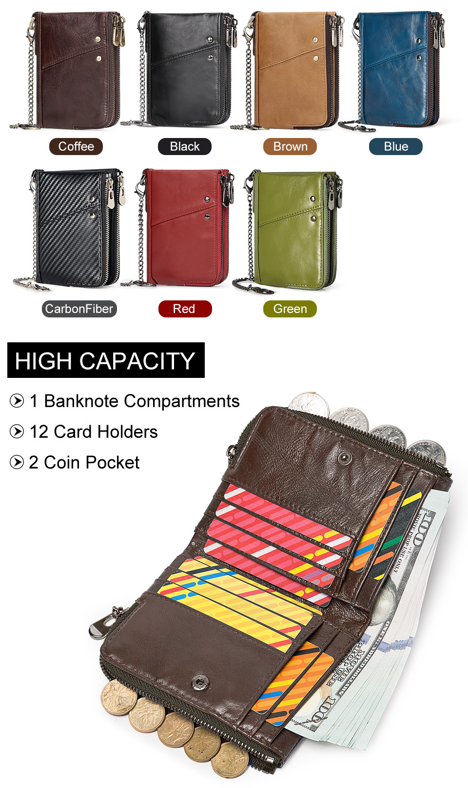 Genuine Leather Mens Wallet Double Zipper - RFID Blocking Bifold Card Holder with Coin Pocket - Red Gift for Him - Image 4