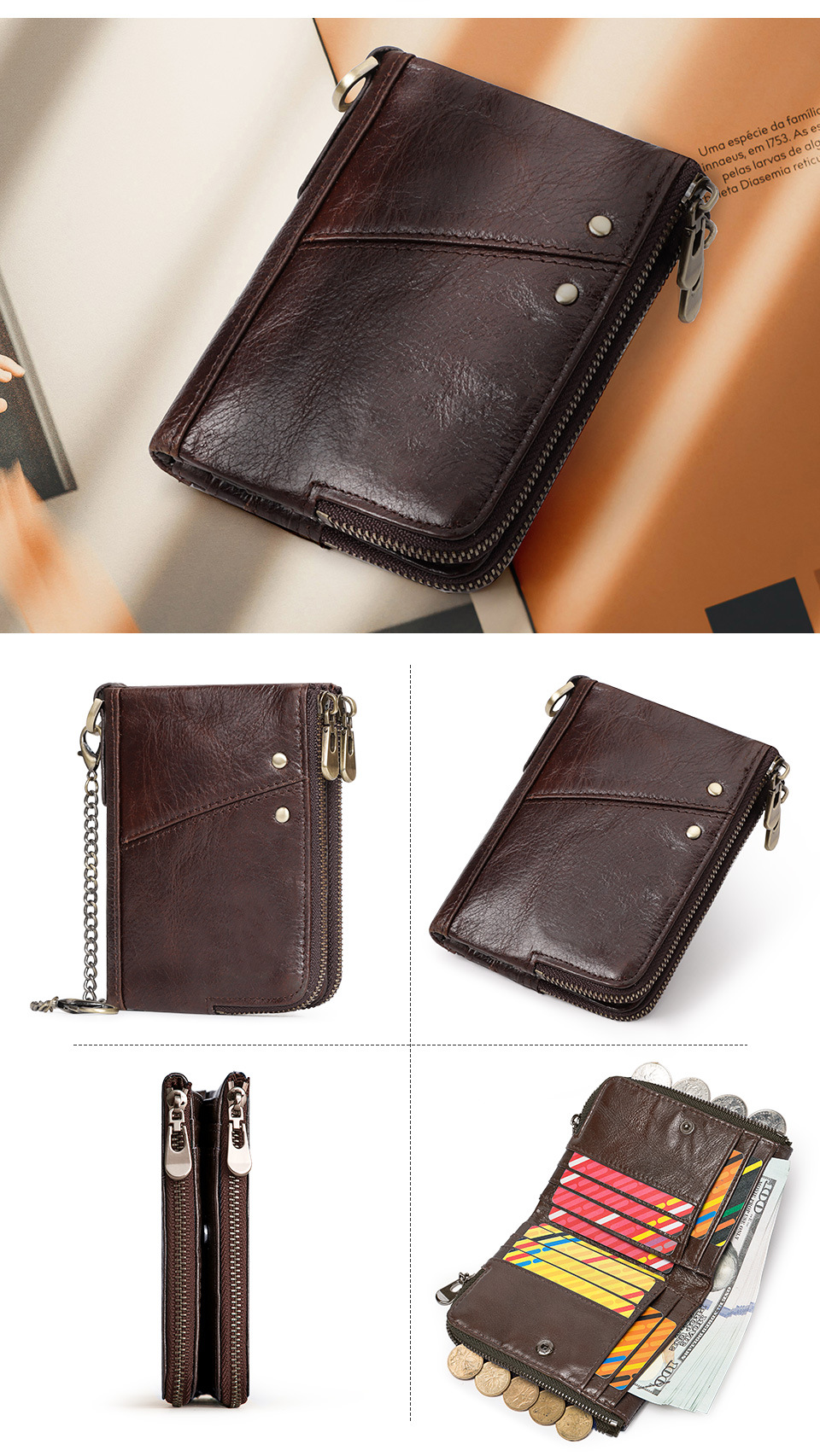 Genuine Leather Mens Wallet Double Zipper - RFID Blocking Bifold Card Holder with Coin Pocket - Red Gift for Him - Image 5