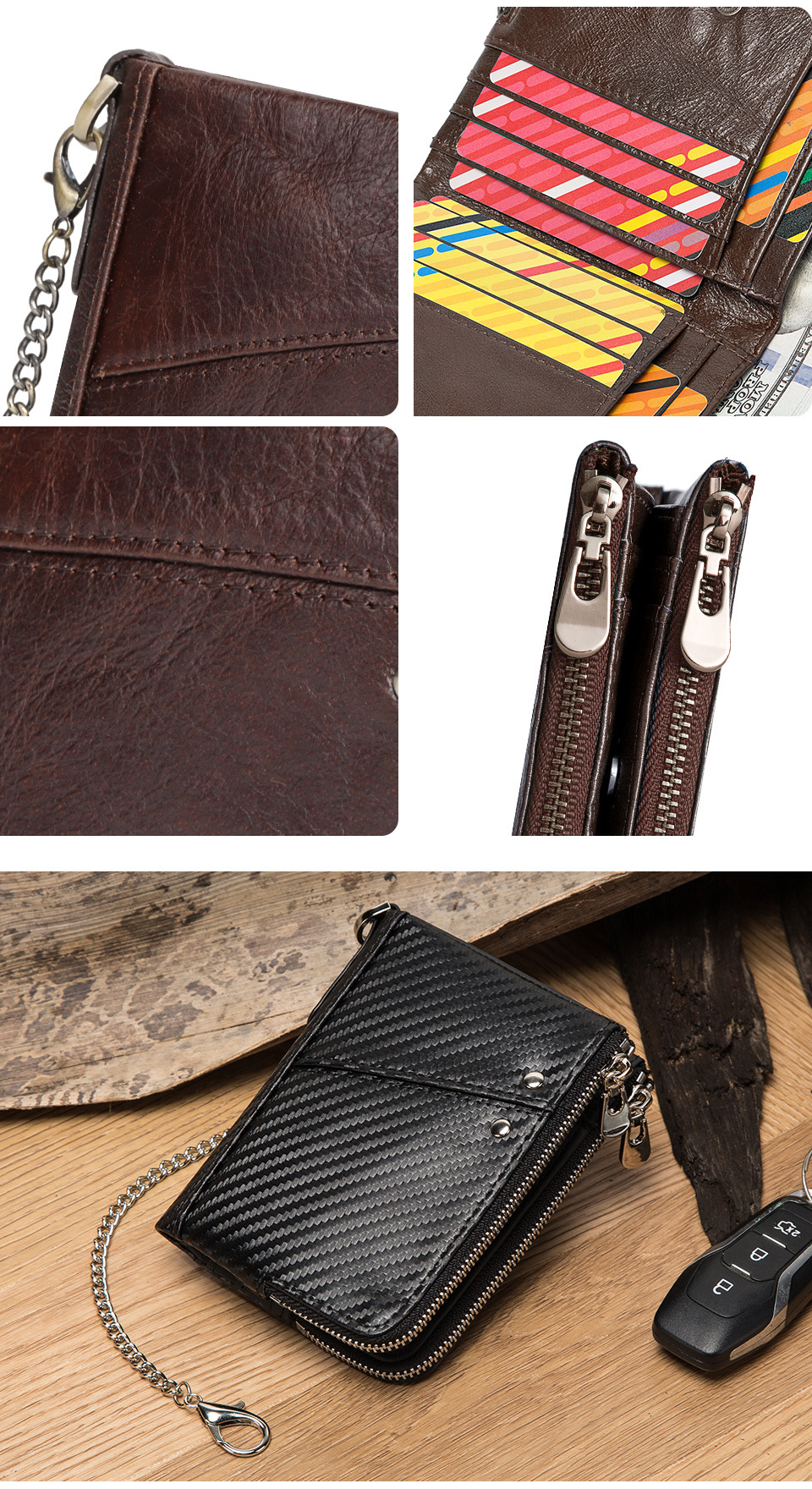 Genuine Leather Mens Wallet Double Zipper - RFID Blocking Bifold Card Holder with Coin Pocket - Red Gift for Him - Image 6
