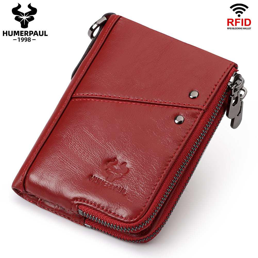 Genuine Leather Double Zipper Wallet - Red RFID Blocking Bifold Card Holder - Vintage Cowhide Purse with Coin Pockets (13cm) - Image 1