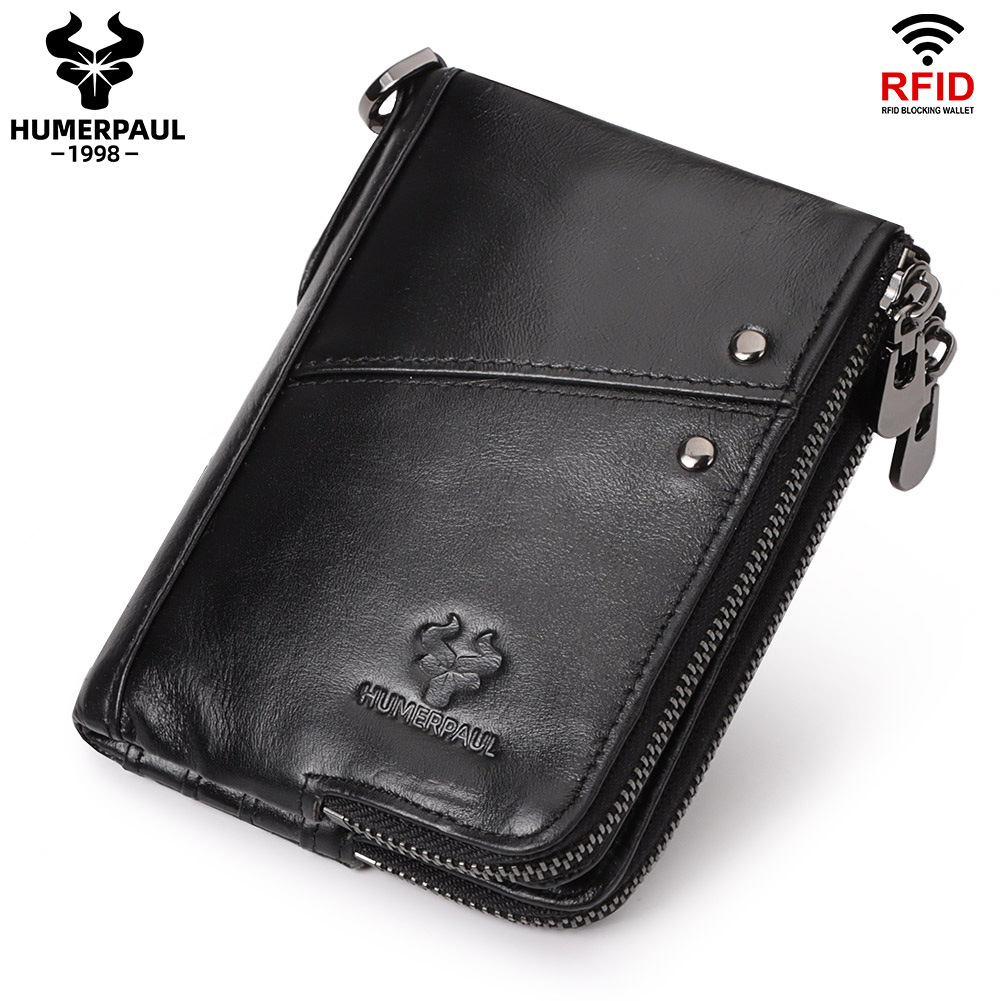 Genuine Leather Double Zipper Wallet - Black RFID Blocking Bifold Card Holder - Vintage Cowhide Purse with Coin Pockets (13cm) - Image 1