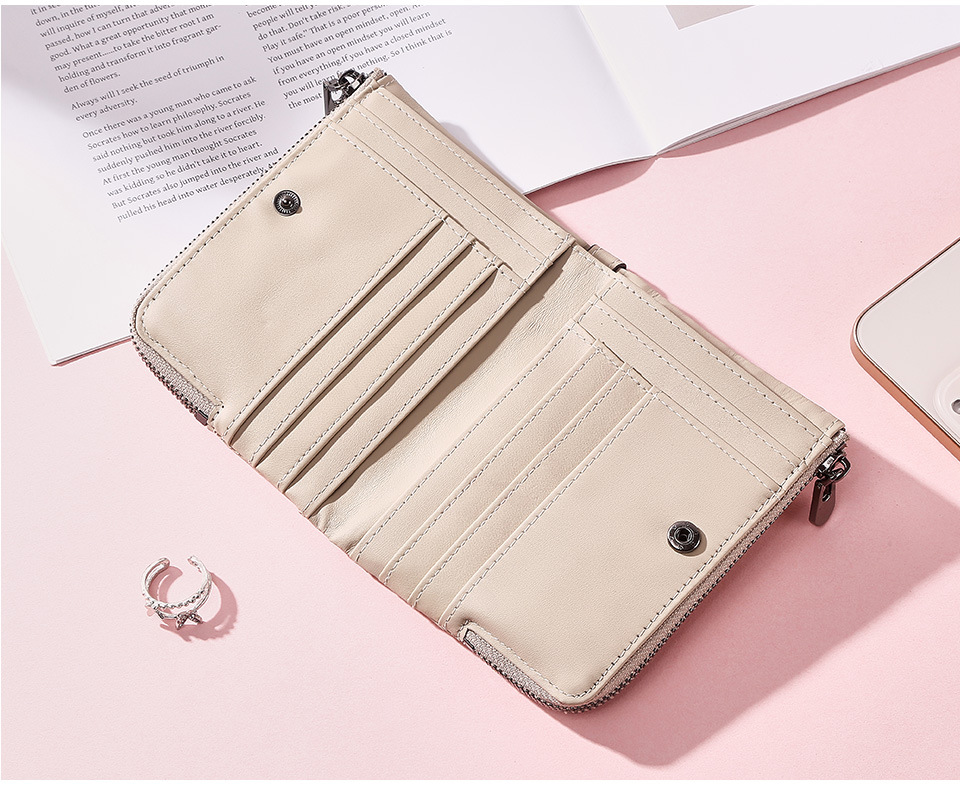 Genuine Leather Double Zipper Wallet - Beige RFID Blocking Bifold Card Holder - Vintage Cowhide Purse with Coin Pockets (13cm) - Image 3