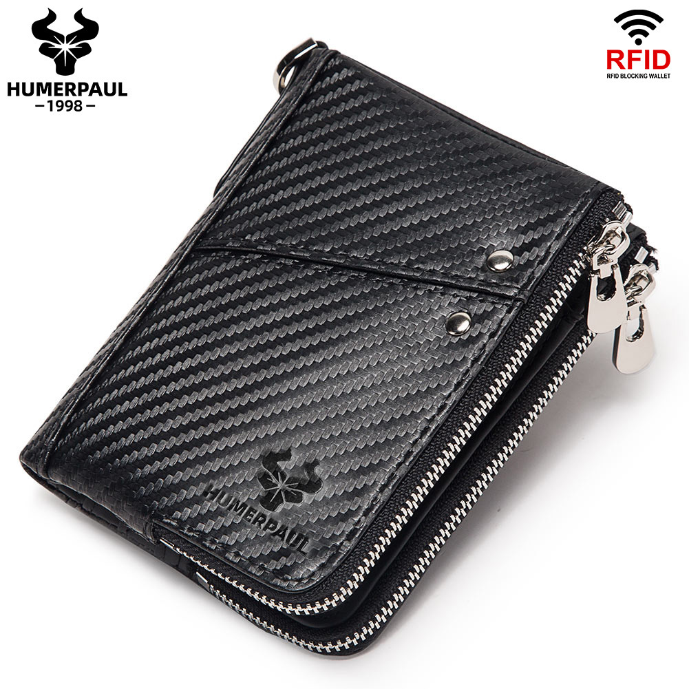 Carbon Fiber Texture Leather Mens Wallet - RFID Blocking Double Zipper Bifold - Vertical Card Holder with Coin Pockets (Black) - Image 1