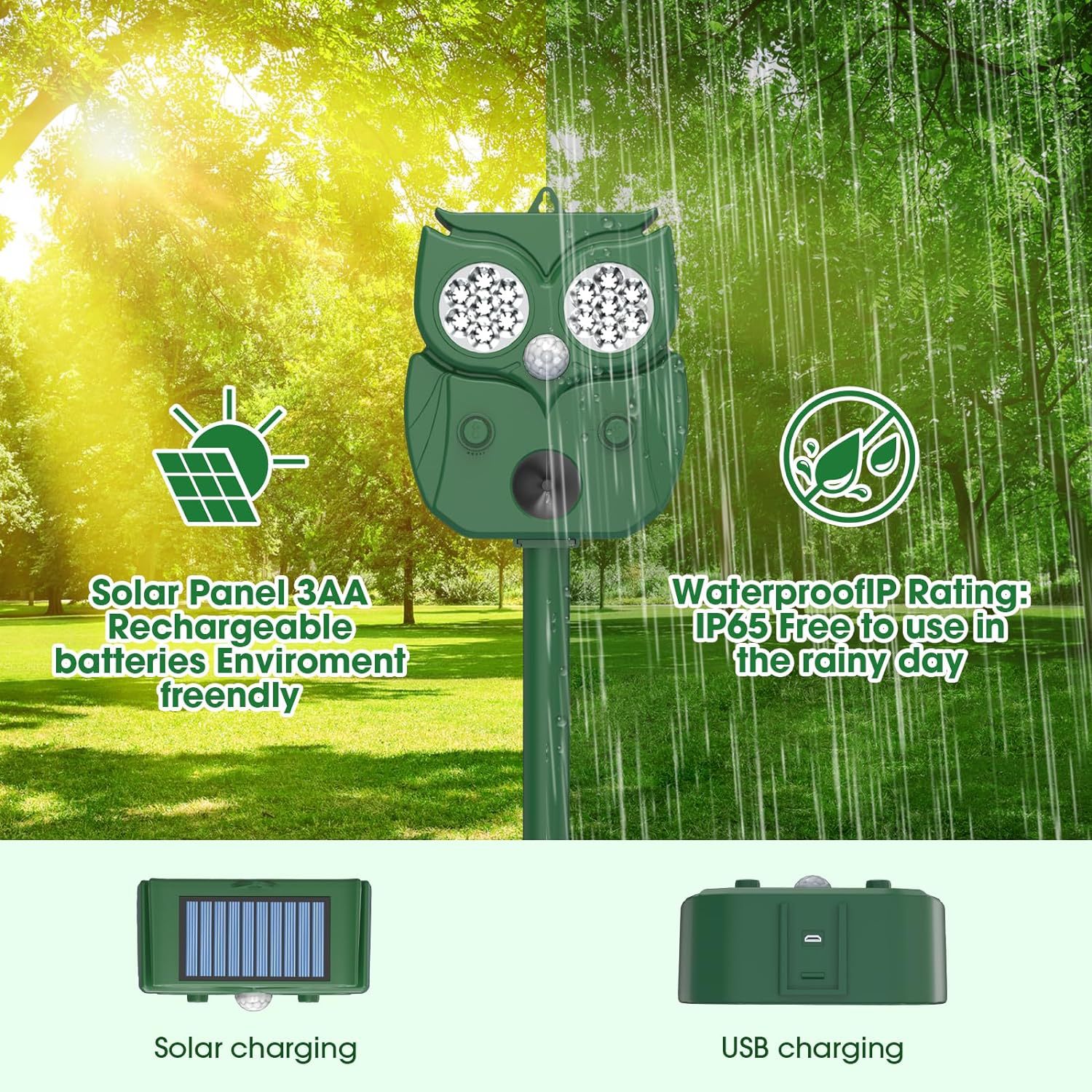 Solar Ultrasonic Animal Repeller - Owl Design with 14 LED Flashing Lights - Outdoor Motion Sensor Deterrent for Birds, Cats, Dogs & Rodents - 5 Adjustable Modes with USB Charging - Image 1