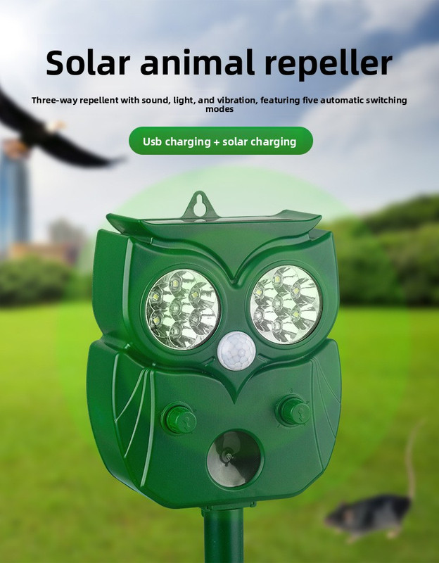 Solar Ultrasonic Animal Repeller - Owl Design with 14 LED Flashing Lights - Outdoor Motion Sensor Deterrent for Birds, Cats, Dogs & Rodents - 5 Adjustable Modes with USB Charging - Image 3