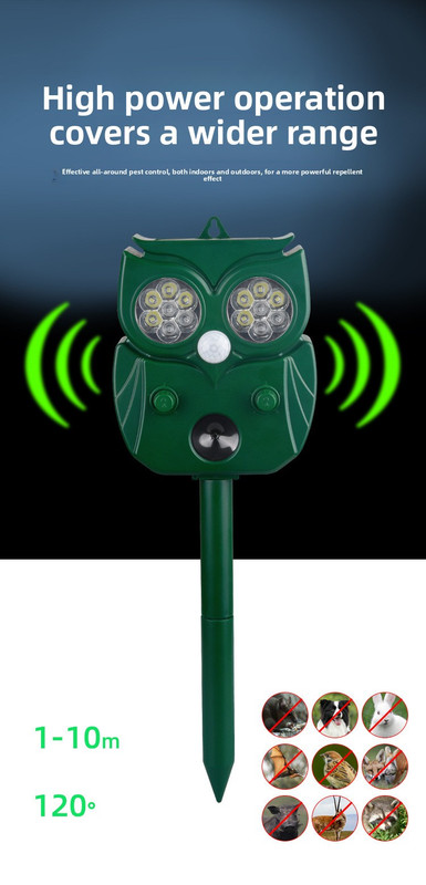 Solar Ultrasonic Animal Repeller - Owl Design with 14 LED Flashing Lights - Outdoor Motion Sensor Deterrent for Birds, Cats, Dogs & Rodents - 5 Adjustable Modes with USB Charging - Image 5
