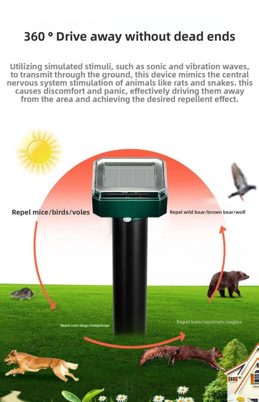 Solar-Powered Sonic Snake and Rodent Repeller Ground Stake - Outdoor Waterproof Ground Vibration Pest Deterrent Device - Ultrasonic Control for Moles, Voles, and House Mice - Garden Lawn Protection - Green Square Top Model - Image 4