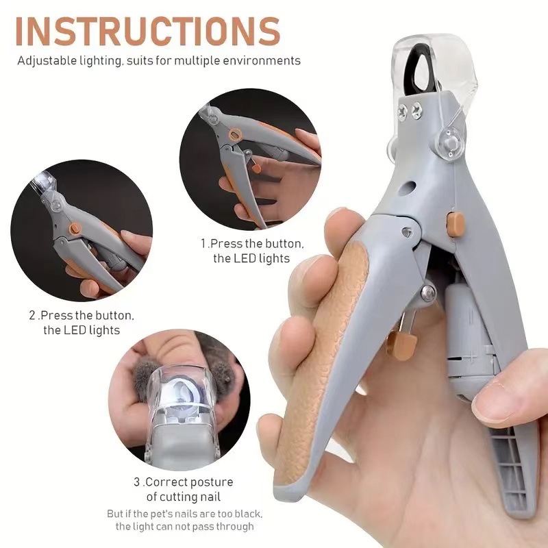 Illuminated Pet Nail Clippers with LED Light & Magnifier - Safety Claw Trimmer for Dogs & Cats - Lightweight Plastic Handle with Nail Catcher - 15cm Grey/Orange - Image 4