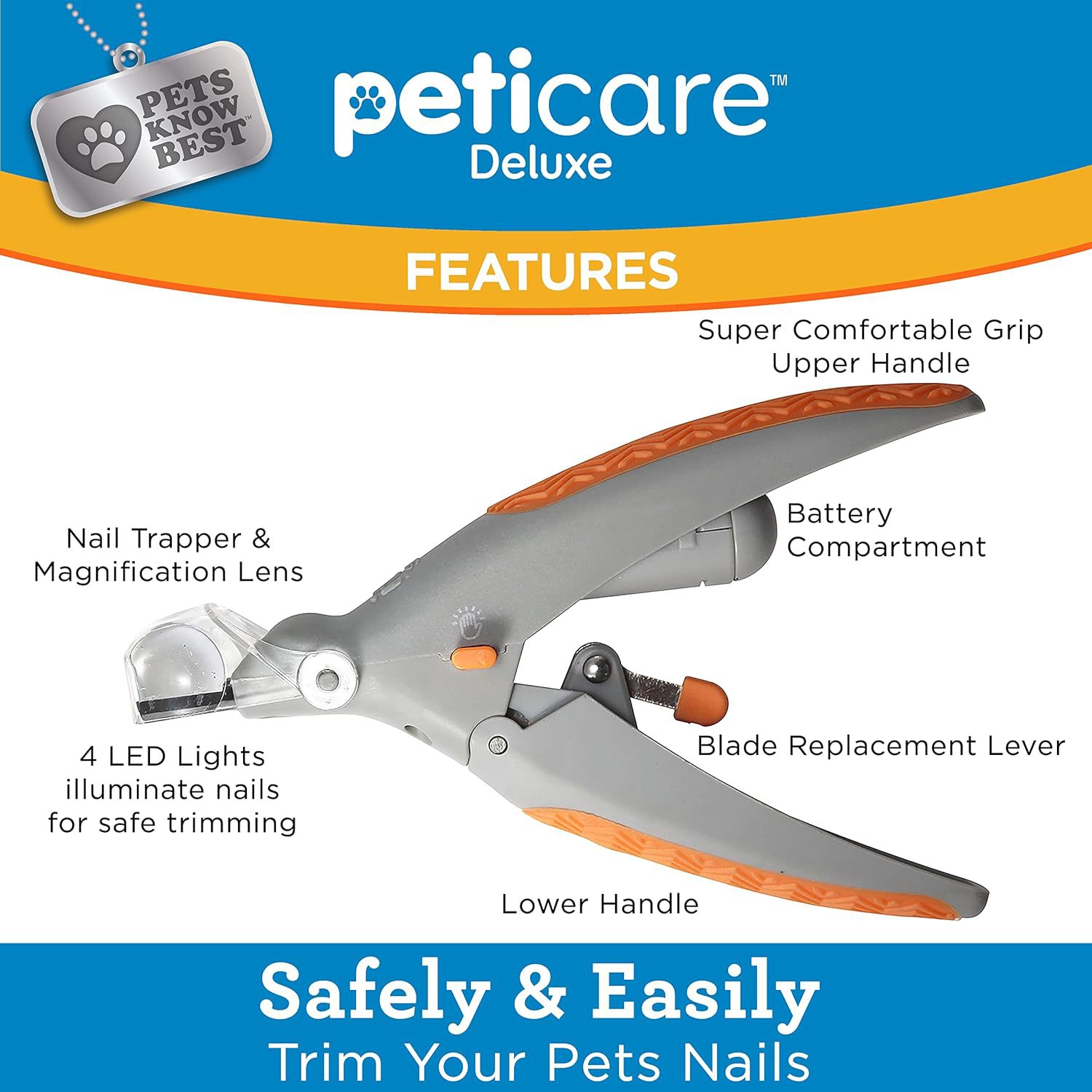 Illuminated Pet Nail Clippers with LED Light & Magnifier - Safety Claw Trimmer for Dogs & Cats - Lightweight Plastic Handle - Grey/Orange in Retail Box - Image 3