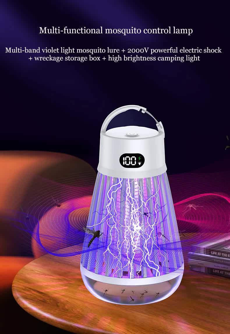 2-in-1 Rechargeable Mosquito Zapper & Camping Lantern - 2000V Electric Insect Killer with Smart Digital Display - 2000mAh Battery Portable Bug Trap for Outdoor Tent Patio & Home - IPX5 Waterproof - White - Image 3