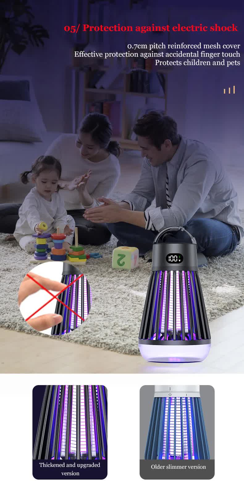 2-in-1 Rechargeable Mosquito Zapper & Camping Lantern - 2000V Electric Insect Killer with Smart Digital Display - 2000mAh Battery Portable Bug Trap for Outdoor Tent Patio & Home - IPX5 Waterproof - Black - Image 8