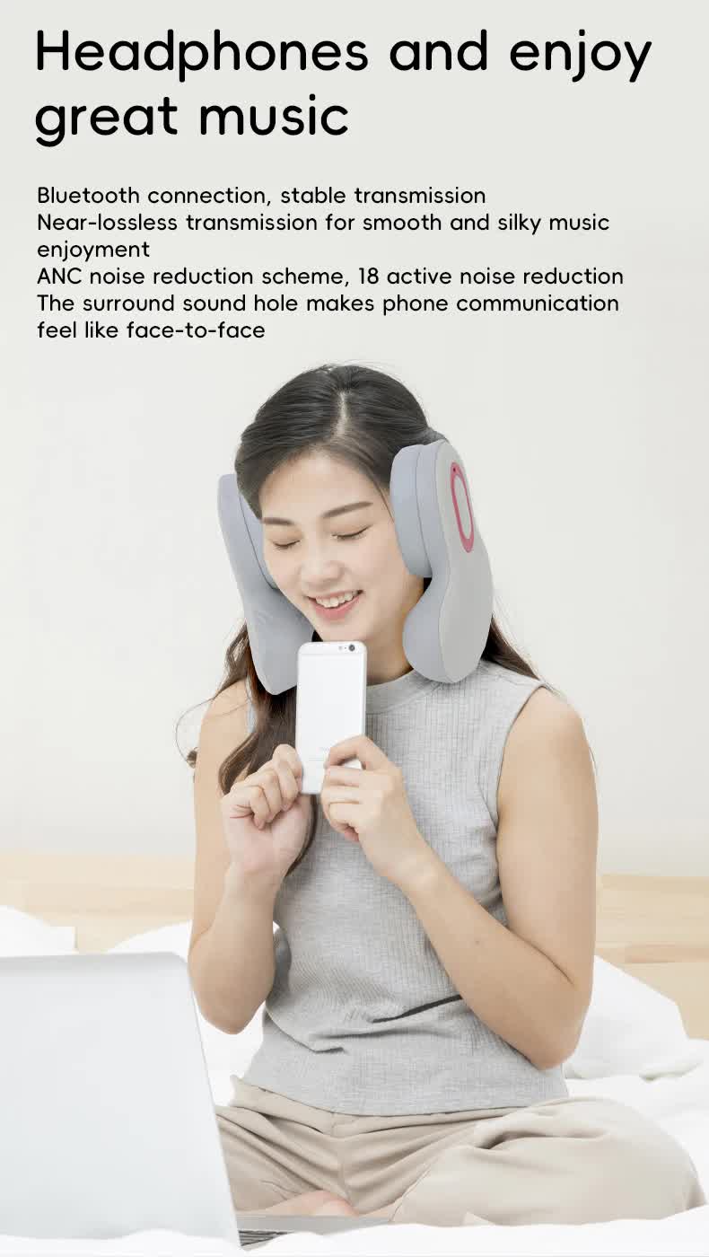 Smart 4-in-1 Travel Neck Pillow with ANC Headphones - Heated Vibration Massage & Bluetooth Audio - Memory Foam Support for Planes & Home - Beige - Image 7