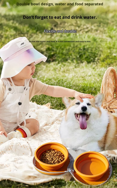 Portable Silicone Double Pet Bowl - Collapsible Travel Dog Feeder for Food & Water - 2 x 450ml Capacity with Zipper Case - Brown - Image 8