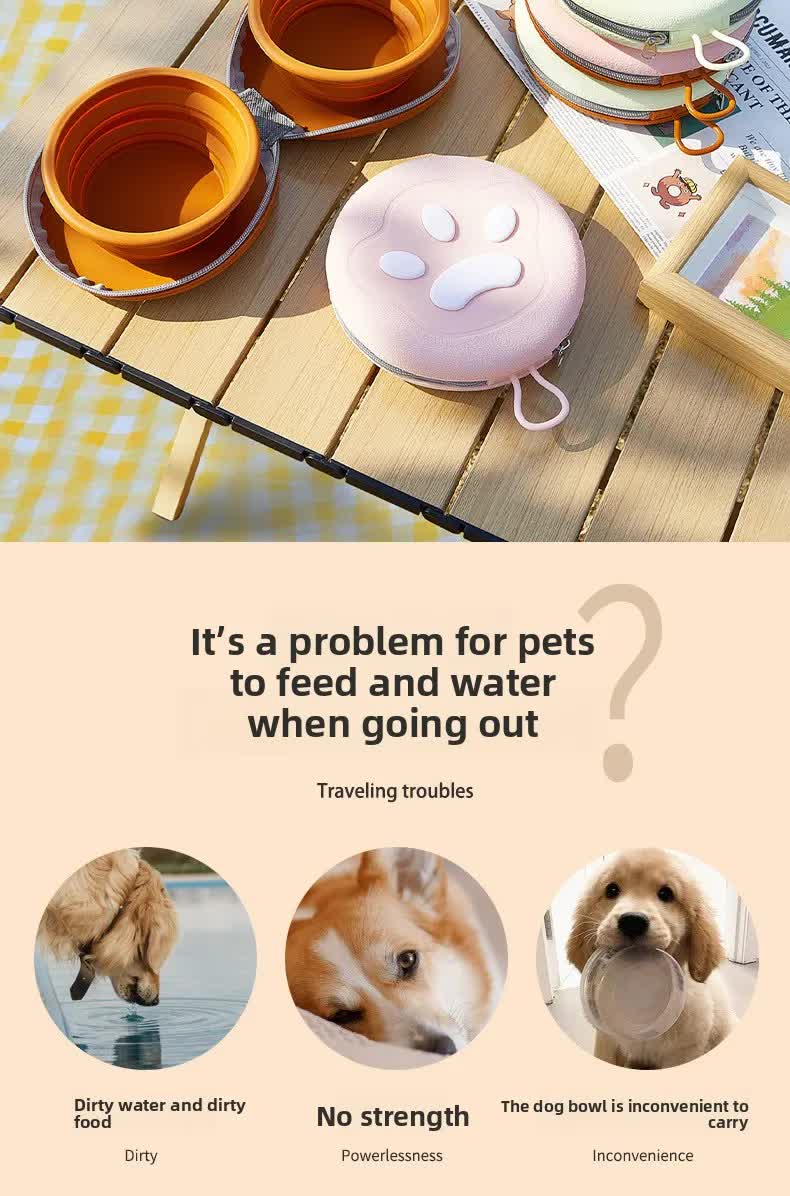 Portable Silicone Double Pet Bowl - Collapsible Travel Dog Feeder for Food & Water - 2 x 450ml Capacity with Zipper Case - Light Yellow - Image 5