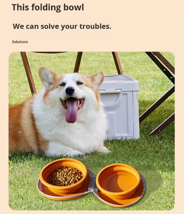 Portable Silicone Double Pet Bowl - Collapsible Travel Dog Feeder for Food & Water - 2 x 450ml Capacity with Zipper Case - Brown & Yellow - Image 6