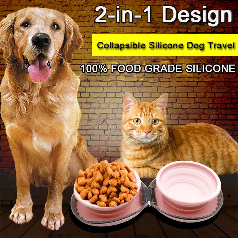 Portable Silicone Double Pet Bowl - Collapsible Travel Dog Feeder for Food & Water - 2 x 450ml Capacity with Zipper Case - Brown & Pink - Image 2