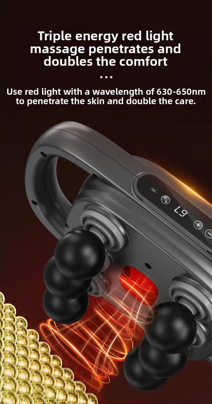 6-Head Deep Tissue Percussion Massager - Cordless Electric Muscle Gun with Red Light Therapy - 9 Speed Dual Handle Body Relaxer for Back & Legs - Starry Grey - Image 6