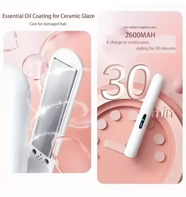 Cordless Mini Hair Straightener & Curler 2-in-1 - Portable USB Rechargeable Ceramic Flat Iron with 3 Temperature Settings - Compact Travel Styler for Bangs & Touch Ups - White - Image 6