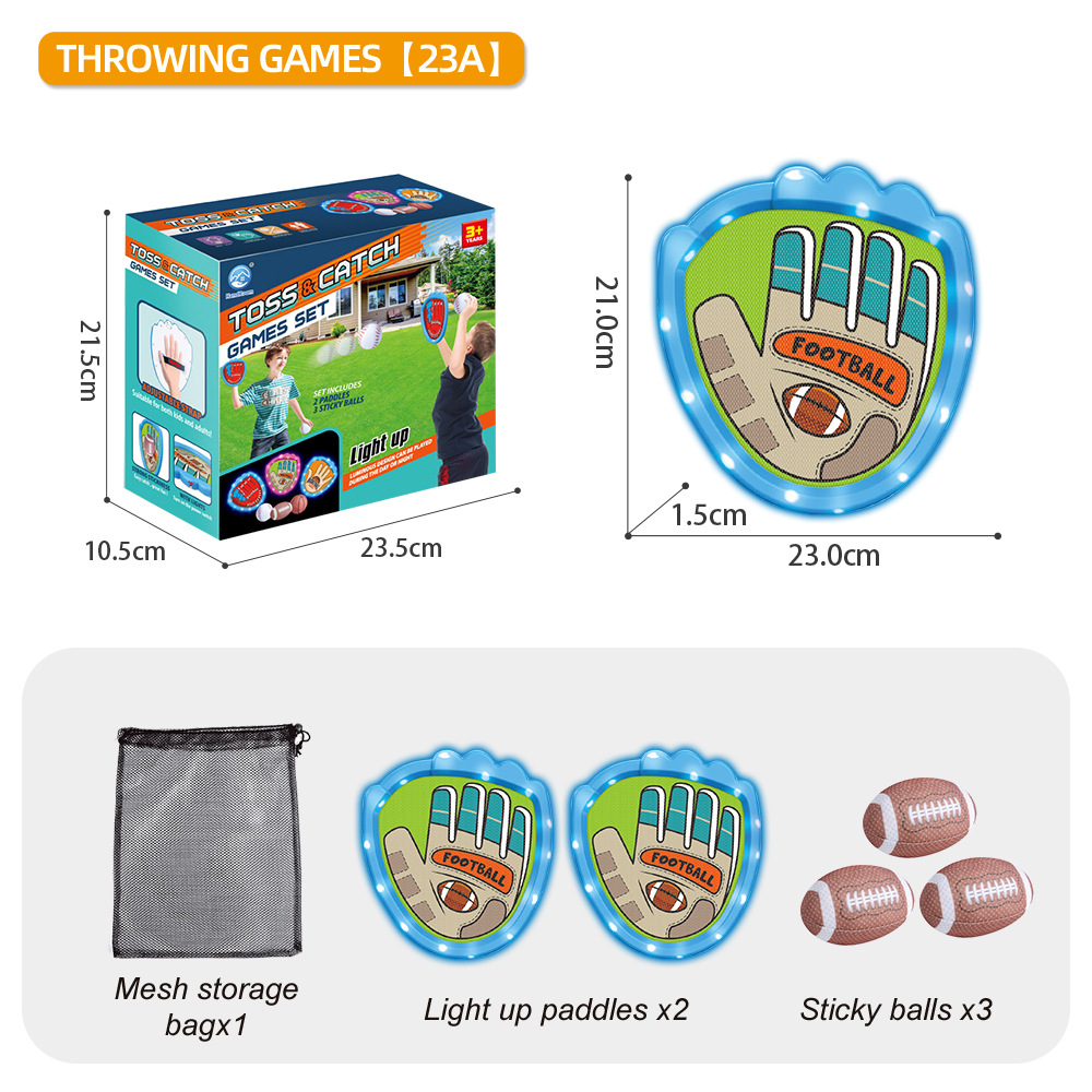 LED Light Up Toss and Catch Game Set - 2 Glowing Blue Paddles & 3 Sticky Rugby - Fun Outdoor Beach & Camping Toy for Kids & Adults - Includes Mesh Storage Bag - Image 1