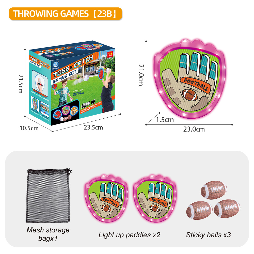 LED Light Up Toss and Catch Game Set - 2 Glowing Pink Paddles & 3 Sticky Rugby - Fun Outdoor Beach & Camping Toy for Kids & Adults - Includes Mesh Storage Bag - Image 1