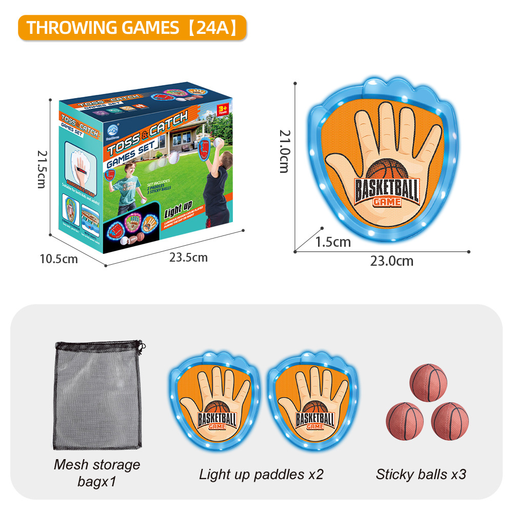 LED Light Up Toss and Catch Game Set - 2 Glowing Blue Paddles & 3 Sticky Basketball - Fun Outdoor Beach & Camping Toy for Kids & Adults - Includes Mesh Storage Bag - Image 1