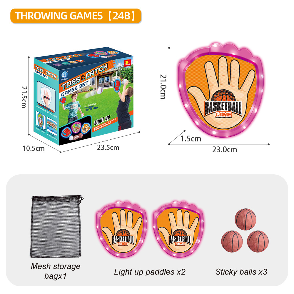 LED Light Up Toss and Catch Game Set - 2 Glowing Pink Paddles & 3 Sticky Basketball - Fun Outdoor Beach & Camping Toy for Kids & Adults - Includes Mesh Storage Bag - Image 1