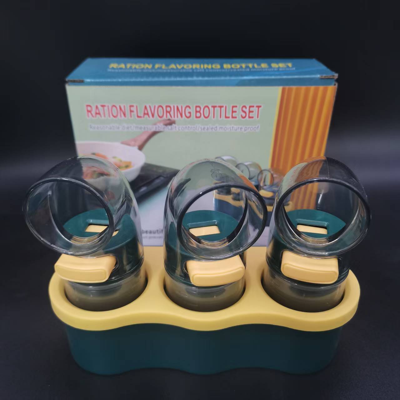 3 PCS Quantitative Salt & Spice Dispenser Set with Storage Base - 0.5g Precise Metering Shakers for Salt, Pepper & Spices - Push Button Portion Control Kitchen Organiser - Dark Green - Image 1