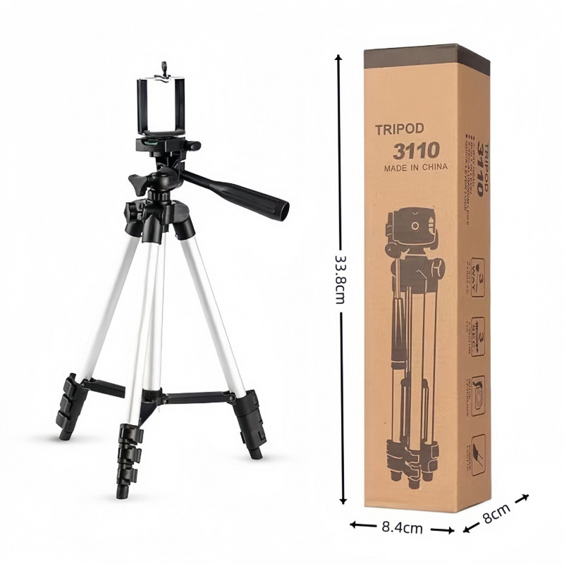 110cm Lightweight Camera & Phone Tripod Stand - Portable Aluminium Travel Tripod with 3-Way Head, Bubble Level & Universal Smartphone Holder - 3110 Adjustable Mount for Live Stream & Vlogging - Black and Silver - Image 1